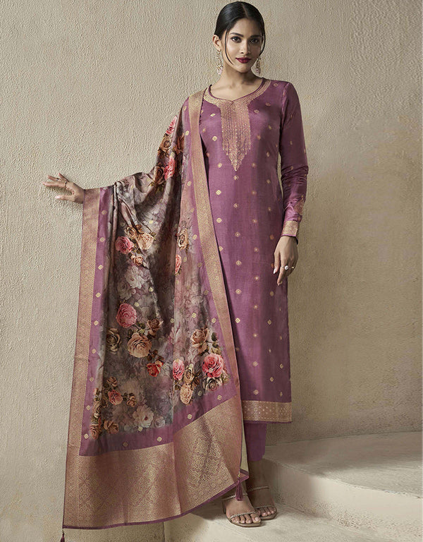 sophisticated lavender viscose dola jacquard designer party wear heavy salwar suit collection with lavender santoon rt8850-184470 Front View